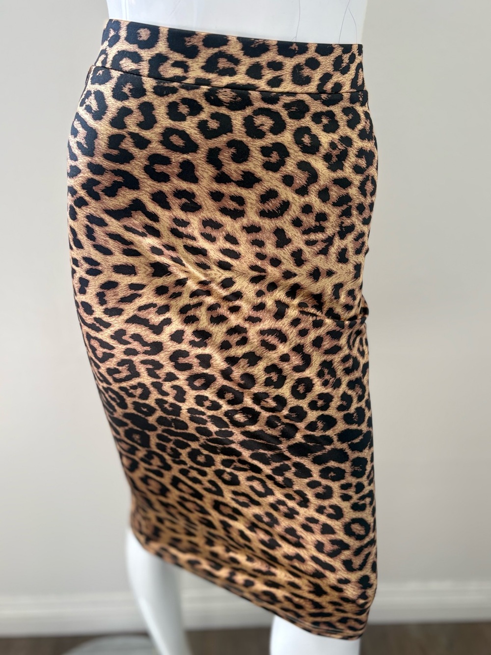 Naked Wardrobe Fitted Satin Leopard Print High Waisted Pencil Midi Skirt